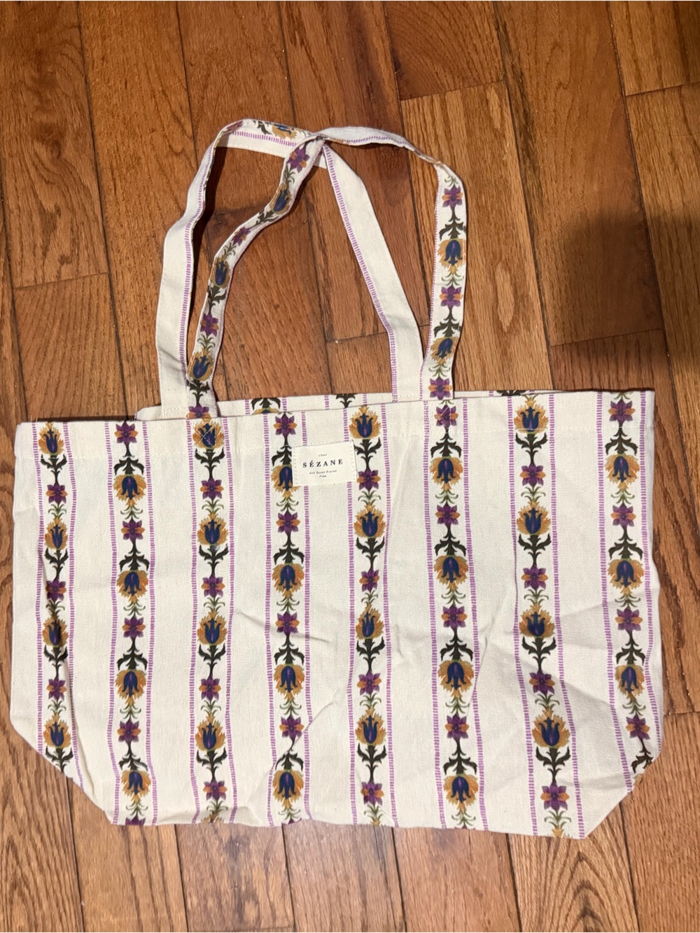 Sezane Floral Stripe Canvas Tote - Purple, Yellow, Cream